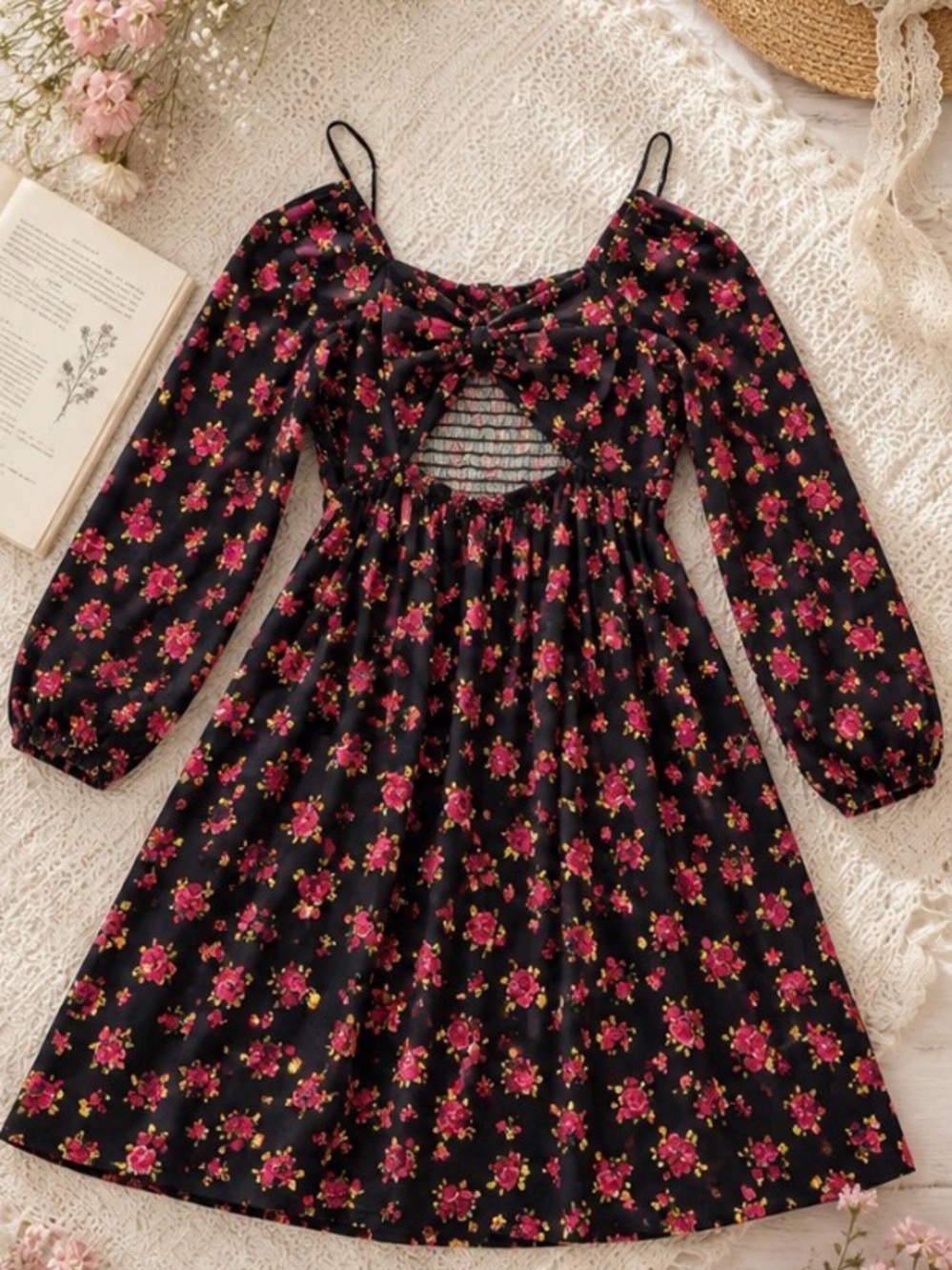 Girls Black Floral Cutout Dress with Pink Rose Print